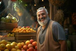 retrato do uma sorridente homem vendendo frutas dentro uma fruta fazer compras. ai gerado pró foto