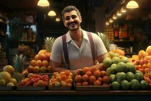 retrato do uma sorridente homem vendendo frutas dentro uma fruta fazer compras. ai gerado pró foto