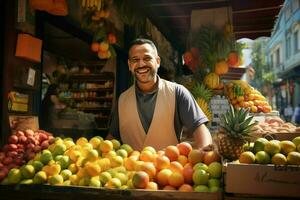 retrato do uma sorridente homem vendendo frutas dentro uma fruta fazer compras. ai gerado pró foto