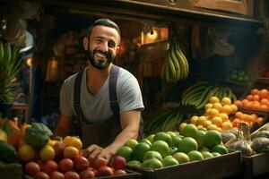 retrato do uma sorridente homem vendendo frutas dentro uma fruta fazer compras. ai gerado pró foto