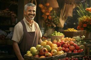 retrato do uma sorridente homem vendendo frutas dentro uma fruta fazer compras. ai gerado pró foto