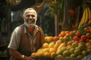 retrato do uma sorridente homem vendendo frutas dentro uma fruta fazer compras. ai gerado pró foto