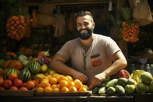 retrato do uma sorridente homem vendendo frutas dentro uma fruta fazer compras. ai gerado pró foto