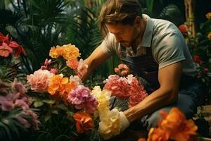 masculino florista trabalhando dentro flor fazer compras. flor fazer compras conceito. ai gerado pró foto