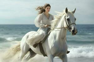 lindo menina dentro uma branco vestir equitação uma cavalo em a de praia. ai gerado pró foto