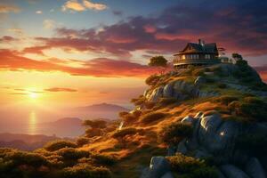 lindo casa dentro a montanhas às nascer do sol. Visão a partir de a topo do a montanha. ai gerado pró foto