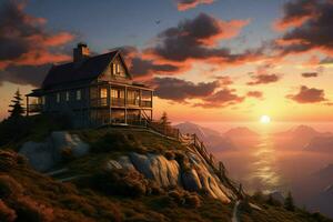 lindo casa dentro a montanhas às nascer do sol. Visão a partir de a topo do a montanha. ai gerado pró foto