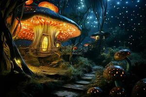 fantasia panorama com Magia castelo e cogumelos. 3d ilustração. ai gerado pró foto