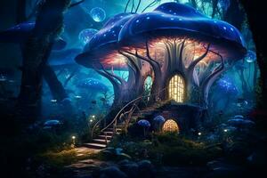 fantasia panorama com Magia castelo e cogumelos. 3d ilustração. ai gerado pró foto