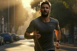 corrida homem corrida em cidade rua às nascer do sol. esporte ginástica modelo caucasiano etnia Treinamento ar livre. ai gerado pró foto