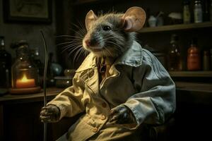 fofa branco rato dentro uma laboratório casaco em uma Sombrio fundo. ai gerado pró foto