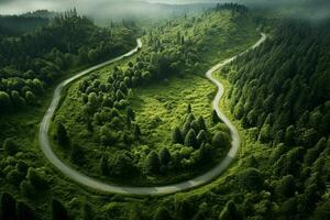 aéreo Visão do uma estrada dentro a floresta com névoa dentro a fundo. ai gerado pró foto