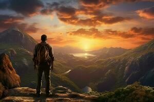 homem com mochila em pé em a topo do uma montanha e olhando às a pôr do sol. ai gerado pró foto