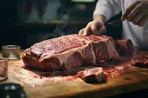 cru fresco carne bife cortar para dentro peças em uma de madeira corte borda. ai gerado pró foto