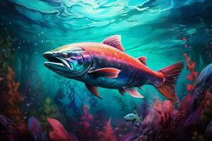 colorida embaixo da agua cena com arco Iris truta peixe. 3d ilustração. ai gerado pró foto