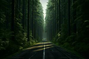 estrada dentro a verde floresta. natureza composição. 3d Renderização. ai gerado pró foto