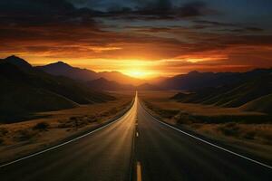 estrada dentro a deserto com dramático pôr do sol céu. 3d Renderização. ai gerado pró foto