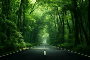 estrada dentro a verde floresta. natureza composição. 3d Renderização. ai gerado pró foto