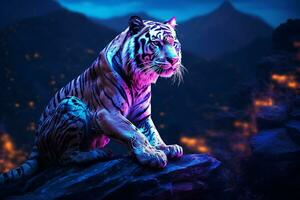 retrato do tigre em a Rocha às noite com azul claro. ai gerado pró foto