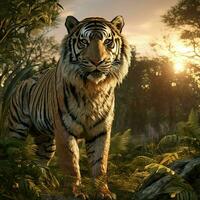 tigre dentro a floresta às pôr do sol. animais selvagens cena. digital pintura. ai gerado pró foto