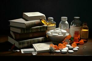 farmacêutico remédio pílulas e cápsulas em de madeira mesa dentro Sombrio sala. ai gerado pró foto