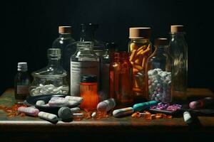 farmacêutico remédio pílulas e cápsulas em de madeira mesa dentro Sombrio sala. ai gerado pró foto