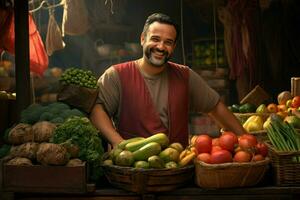 retrato do uma sorridente homem vendendo legumes às uma mercearia loja. ai gerado pró foto