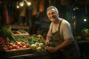 retrato do uma sorridente homem vendendo legumes às uma mercearia loja. ai gerado pró foto
