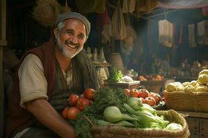 retrato do uma sorridente homem vendendo legumes às uma mercearia loja. ai gerado pró foto