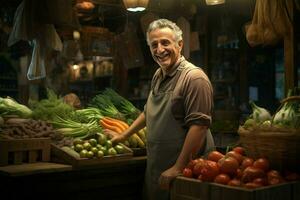 retrato do uma sorridente homem vendendo legumes às uma mercearia loja. ai gerado pró foto