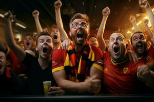 animado Bélgica futebol fãs torcendo para seus equipe durante uma jogos às estádio. ai gerado pró foto