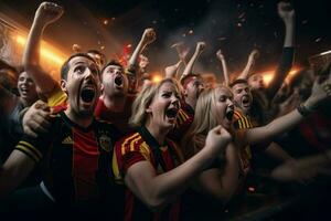 animado Bélgica futebol fãs torcendo para seus equipe durante uma jogos às estádio. ai gerado pró foto