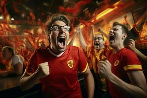 animado Bélgica futebol fãs torcendo para seus equipe durante uma jogos às estádio. ai gerado pró foto