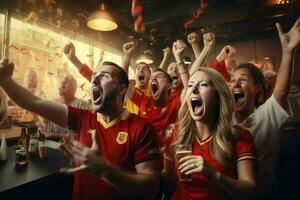 animado Bélgica futebol fãs torcendo para seus equipe durante uma jogos às estádio. ai gerado pró foto