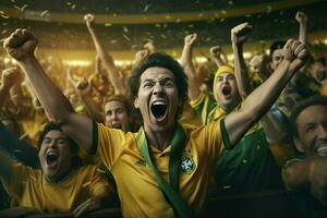 animado Brasil futebol fãs torcendo para seus equipe durante uma jogos às estádio. ai gerado pró foto