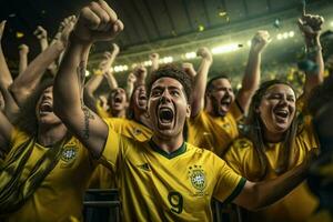 animado Brasil futebol fãs torcendo para seus equipe durante uma jogos às estádio. ai gerado pró foto