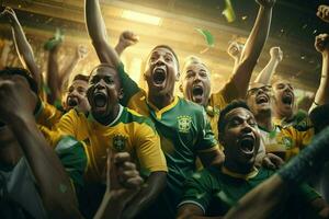 animado Brasil futebol fãs torcendo para seus equipe durante uma jogos às estádio. ai gerado pró foto