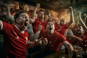 animado Inglaterra futebol fãs torcendo para seus equipe durante uma jogos às estádio. ai gerado pró foto