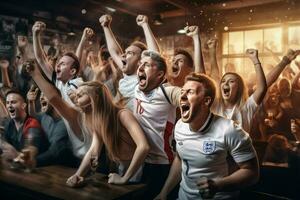 animado Inglaterra futebol fãs torcendo para seus equipe durante uma jogos às estádio. ai gerado pró foto