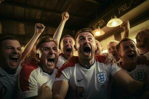 animado Inglaterra futebol fãs torcendo para seus equipe durante uma jogos às estádio. ai gerado pró foto