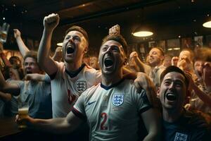 animado Inglaterra futebol fãs torcendo para seus equipe durante uma jogos às estádio. ai gerado pró foto