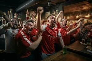 animado Inglaterra futebol fãs torcendo para seus equipe durante uma jogos às estádio. ai gerado pró foto