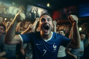 animado França futebol fãs torcendo para seus equipe durante uma jogos às estádio. ai gerado pró foto