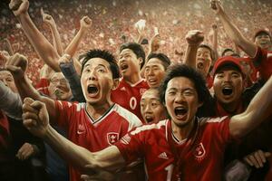animado Japão futebol fãs torcendo para seus equipe durante uma jogos às estádio. ai gerado pró foto