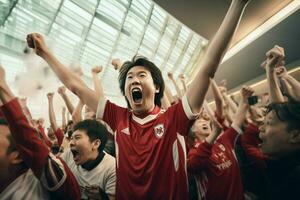 animado Japão futebol fãs torcendo para seus equipe durante uma jogos às estádio. ai gerado pró foto