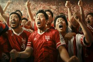 animado Japão futebol fãs torcendo para seus equipe durante uma jogos às estádio. ai gerado pró foto
