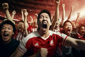 animado Japão futebol fãs torcendo para seus equipe durante uma jogos às estádio. ai gerado pró foto