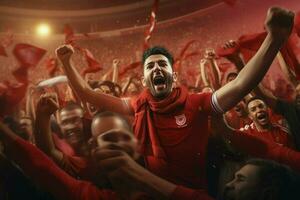 animado Marrocos futebol fãs torcendo para seus equipe durante uma jogos às estádio. ai gerado pró foto