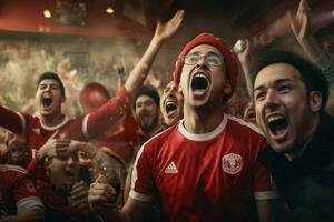 animado Marrocos futebol fãs torcendo para seus equipe durante uma jogos às estádio. ai gerado pró foto