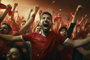 animado Marrocos futebol fãs torcendo para seus equipe durante uma jogos às estádio. ai gerado pró foto